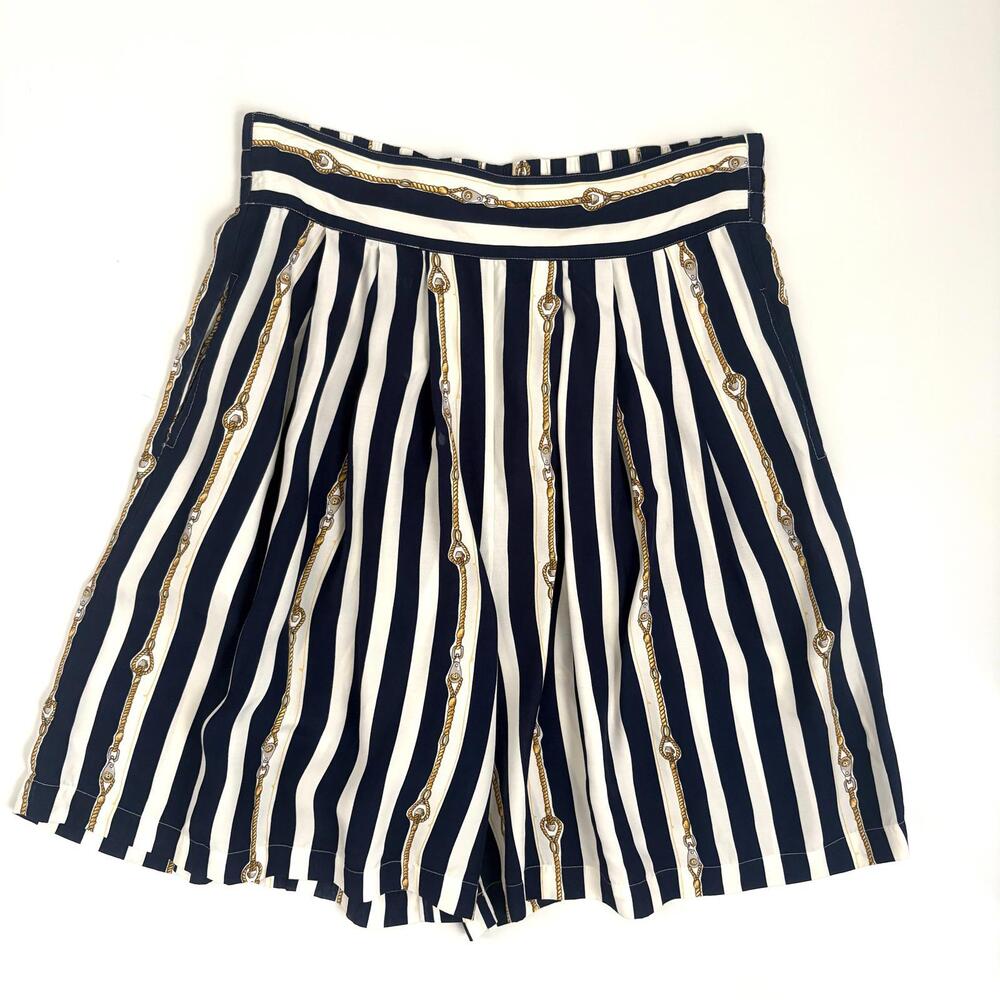TOTOnKO | VINTAGE Women’s Long Baggy Shorts Jorts Blue White Nautical Size M